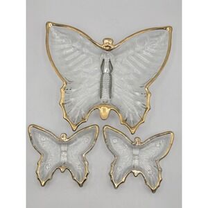 Vintage Glass Butterfly Dish Set Gold Trim Large Small Serving Trinket Dish Set